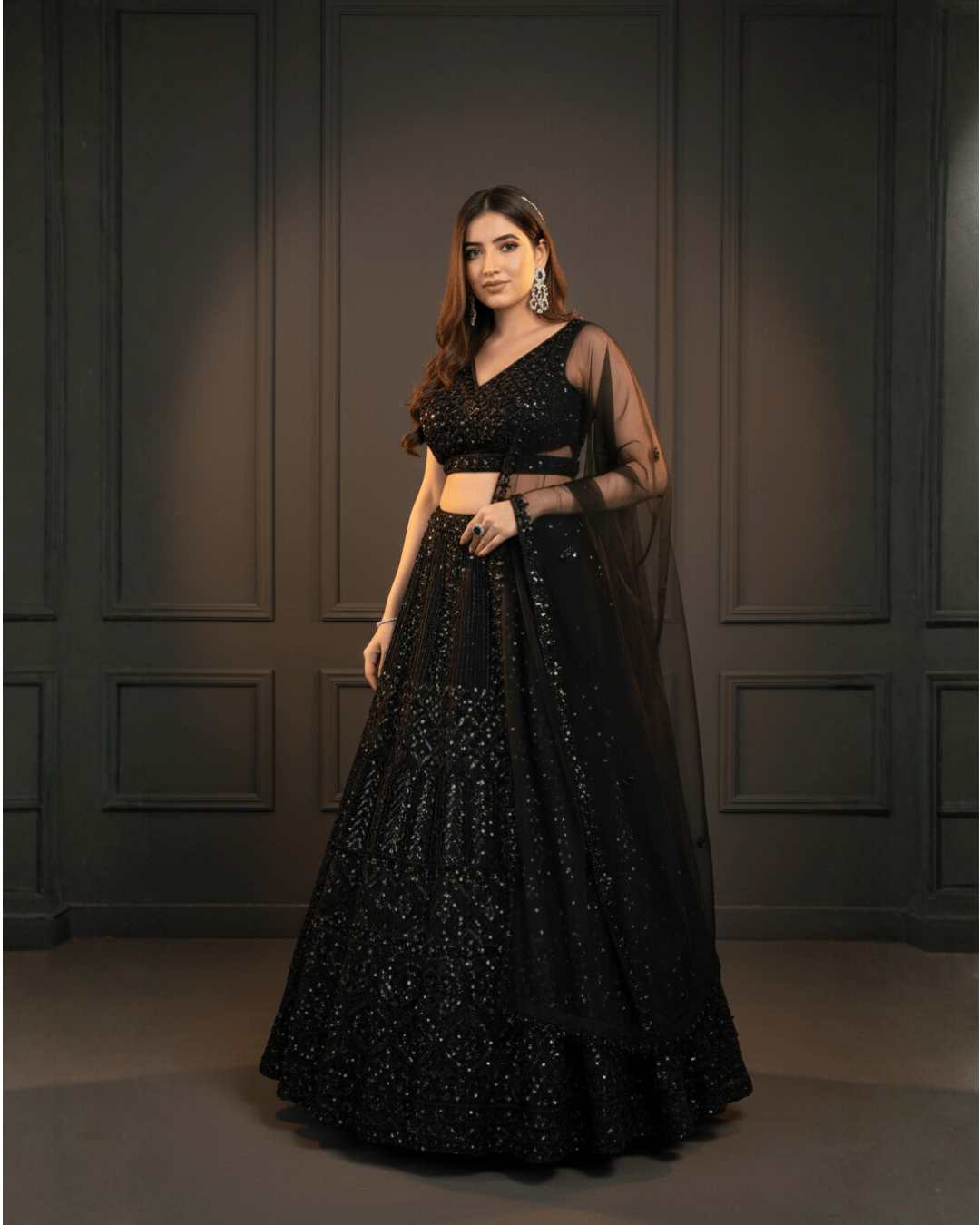 Timeless Black Net Lehenga with Sequin Detailing & Dupatta - Party Perfection