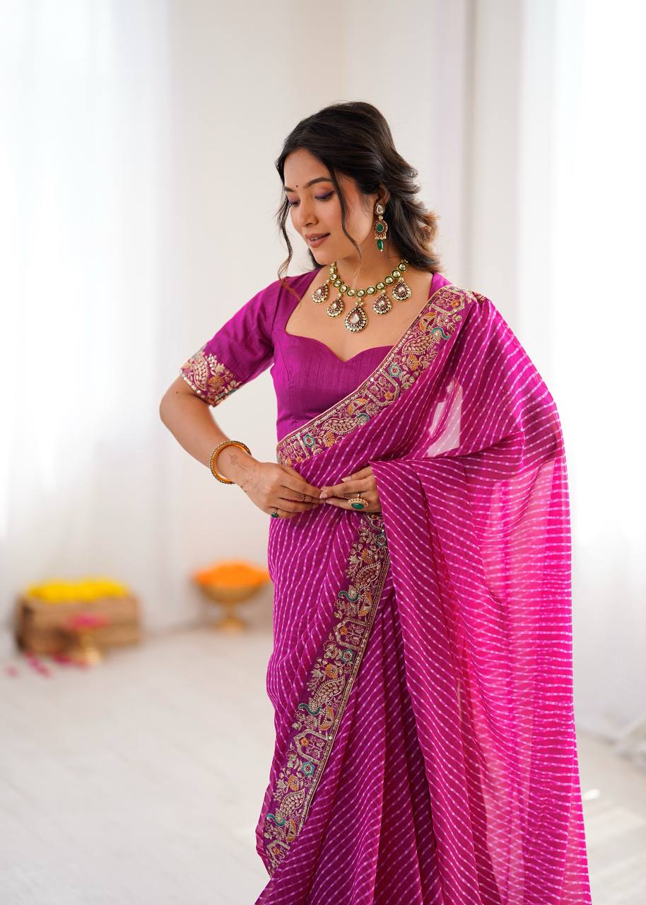 Designer Thread & Sequins Embroidery Georgette With Badhani Print Saree & Benglori Silk Blouse