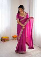 Designer Thread & Sequins Embroidery Georgette With Badhani Print Saree & Benglori Silk Blouse