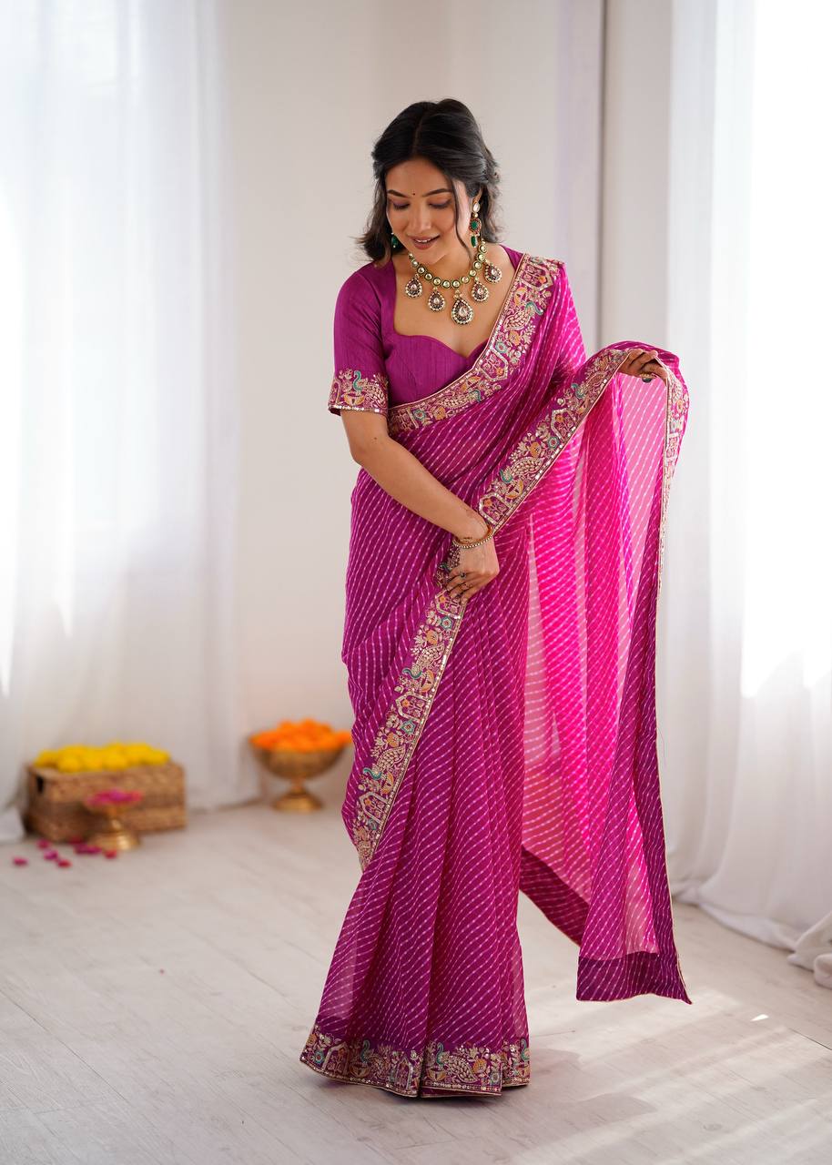 Designer Thread & Sequins Embroidery Georgette With Badhani Print Saree & Benglori Silk Blouse