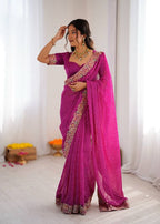 Designer Thread & Sequins Embroidery Georgette With Badhani Print Saree & Benglori Silk Blouse