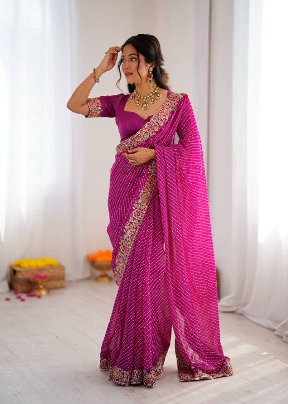 Designer Thread & Sequins Embroidery Georgette With Badhani Print Saree & Benglori Silk Blouse