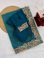 Designer Thread & Sequins Embroidery Georgette With Badhani Print Saree & Benglori Silk Blouse