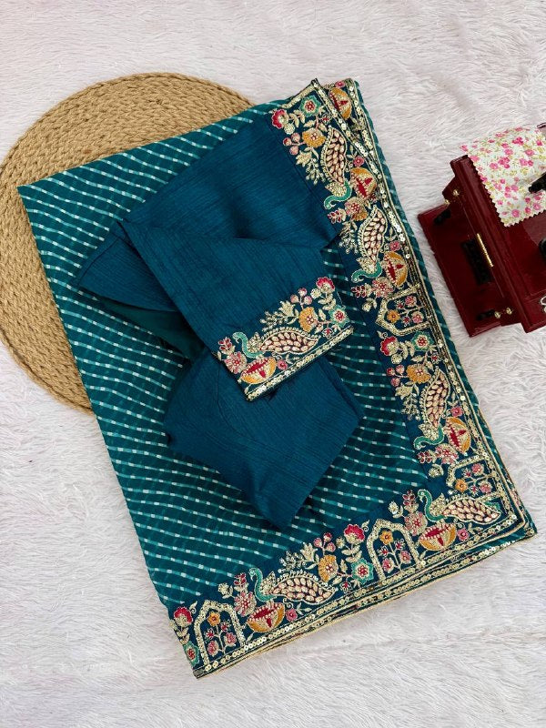 Designer Thread & Sequins Embroidery Georgette With Badhani Print Saree & Benglori Silk Blouse