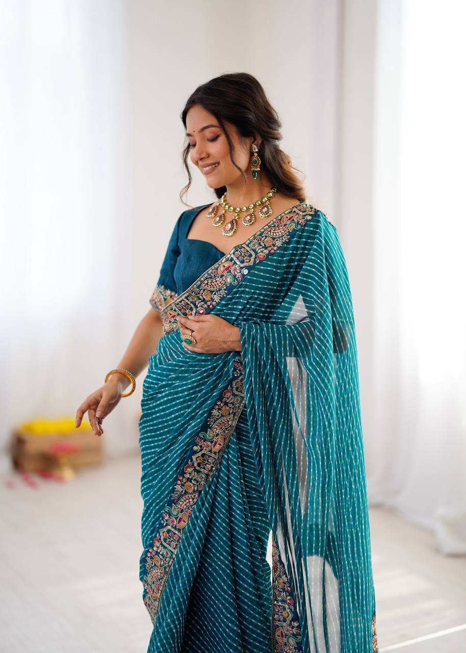 Designer Thread & Sequins Embroidery Georgette With Badhani Print Saree & Benglori Silk Blouse