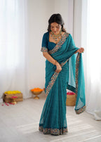 Designer Thread & Sequins Embroidery Georgette With Badhani Print Saree & Benglori Silk Blouse