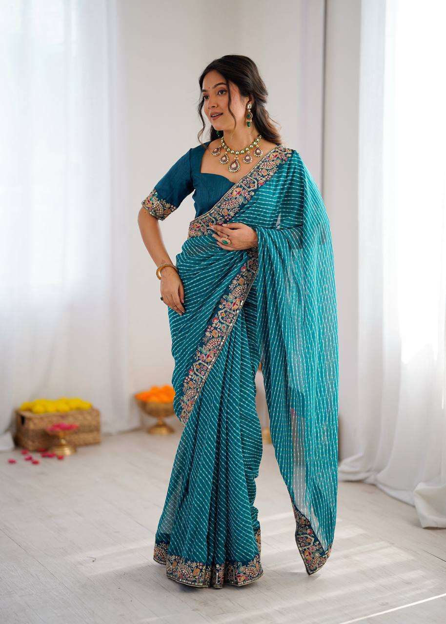 Designer Thread & Sequins Embroidery Georgette With Badhani Print Saree & Benglori Silk Blouse