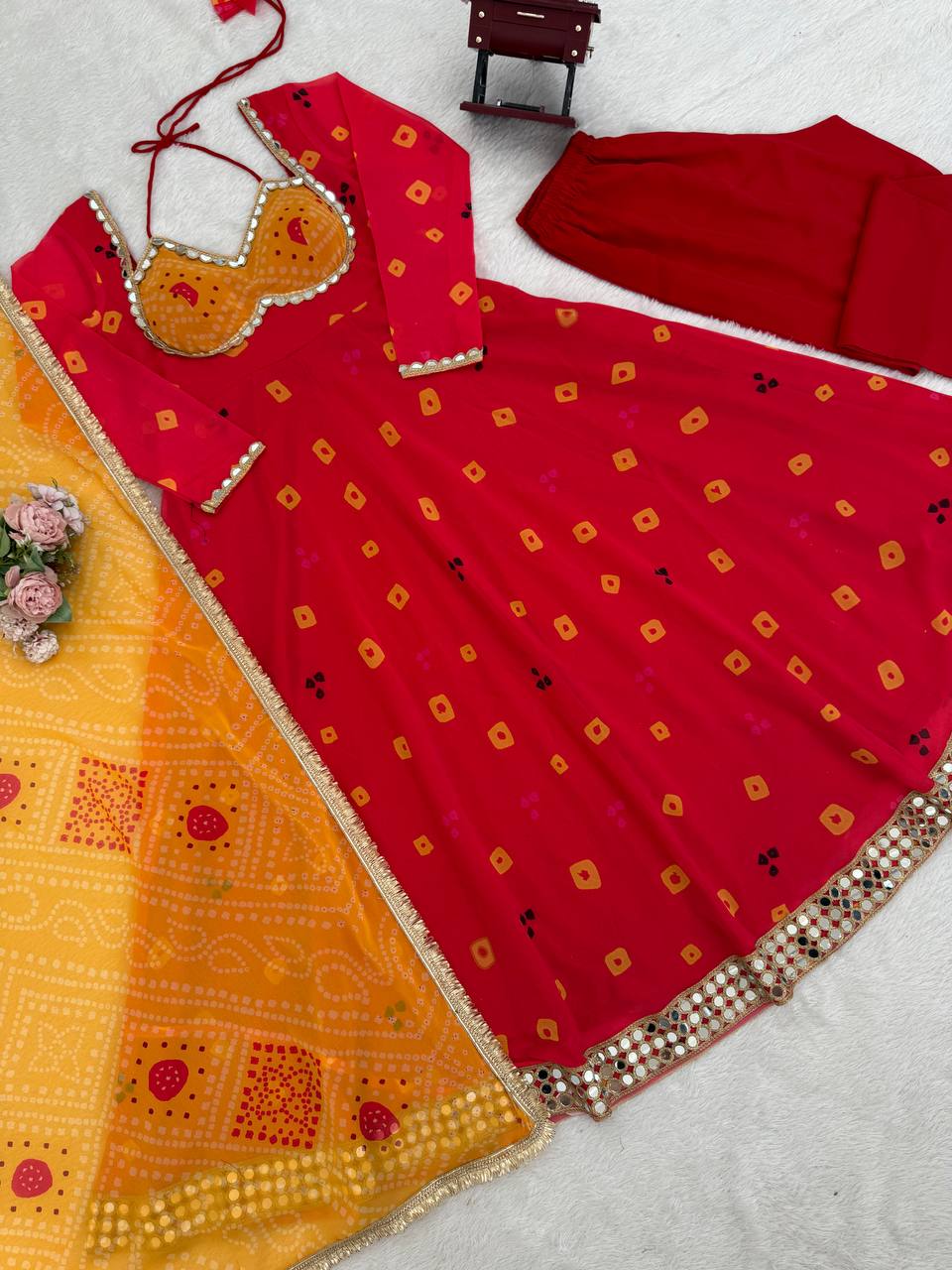 Traditional Indian Georgette Digitial Print With Real Mirror Work Suit For Festivals And Parties