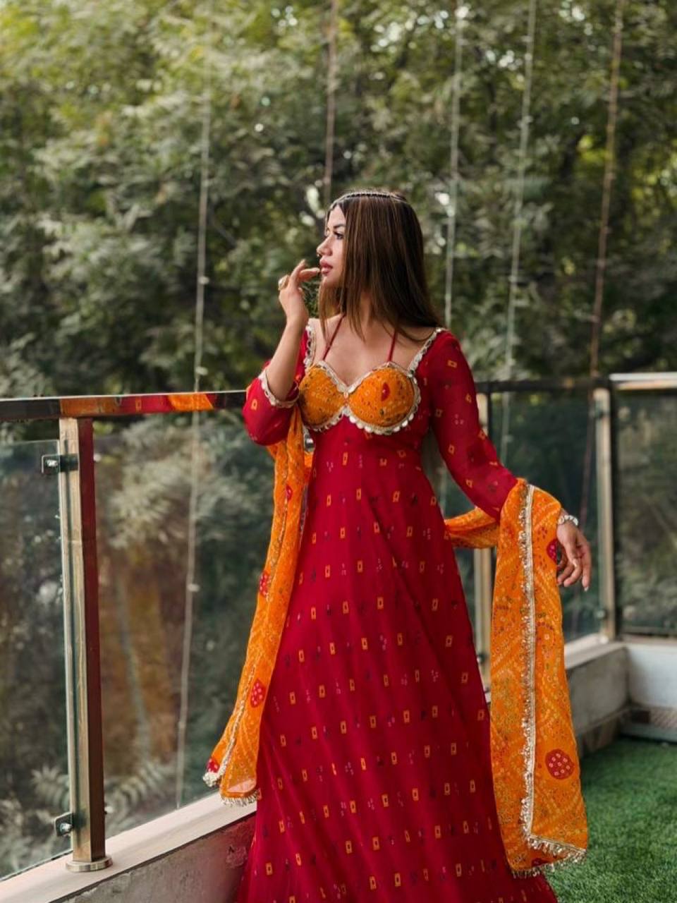 Traditional Indian Georgette Digitial Print With Real Mirror Work Suit For Festivals And Parties