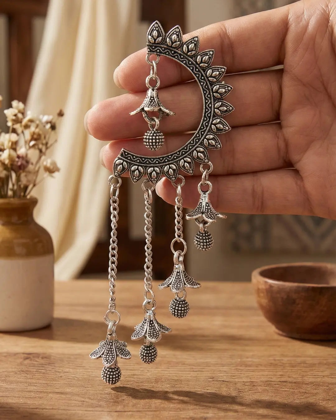 Traditional Oxidized Silver Moon-Shape Jhumka Earrings