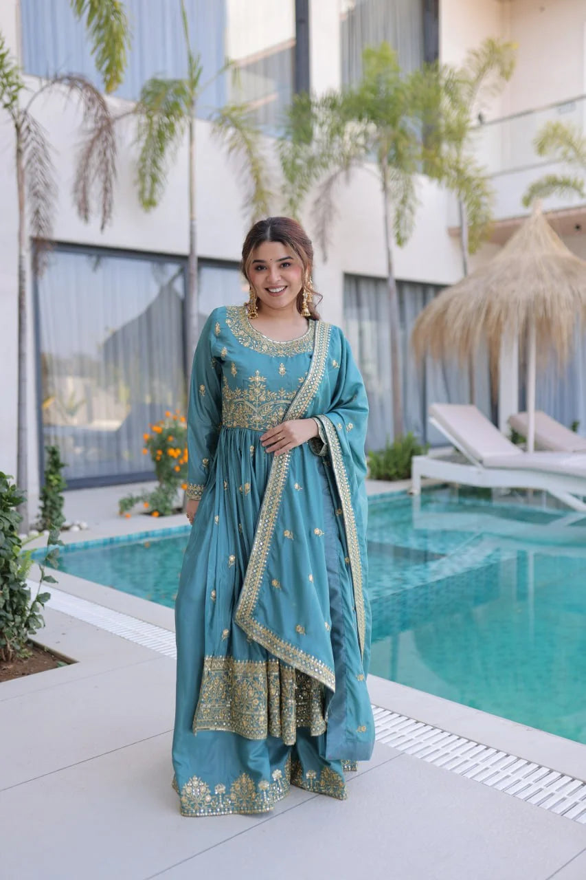 Traditional Eid Look Super Silk Kurti Sharara with Cotton Inner & Dupatta