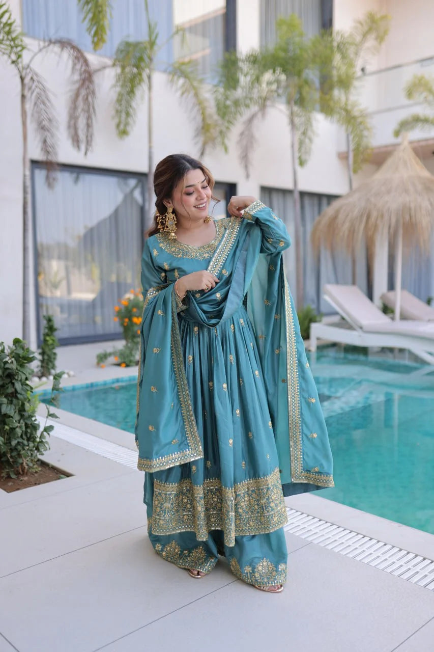 Traditional Eid Look Super Silk Kurti Sharara with Cotton Inner & Dupatta
