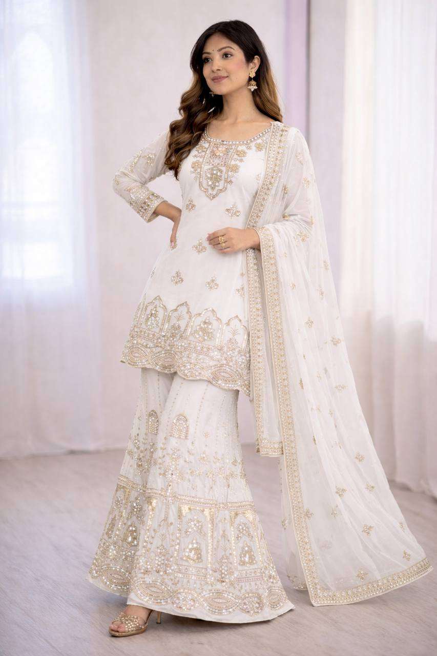 Graceful White Fox Georgette Sharara Set for Special Occasions