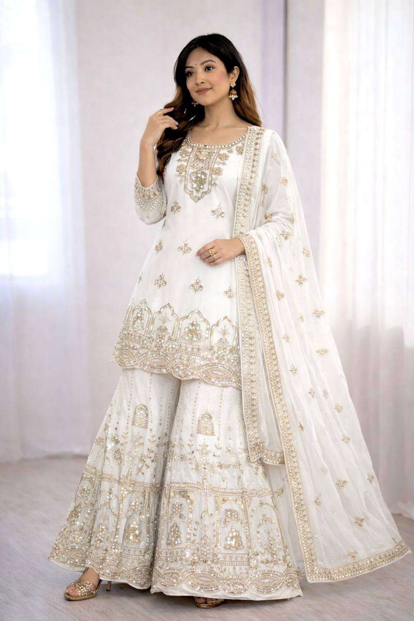 Graceful White Fox Georgette Sharara Set for Special Occasions
