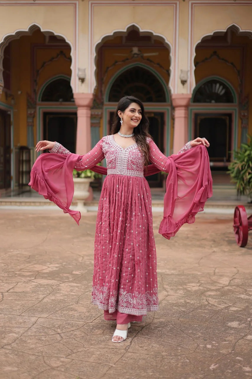 Luxury Faux Georgette Kurti Plazzo Suit with Rich Embroidery