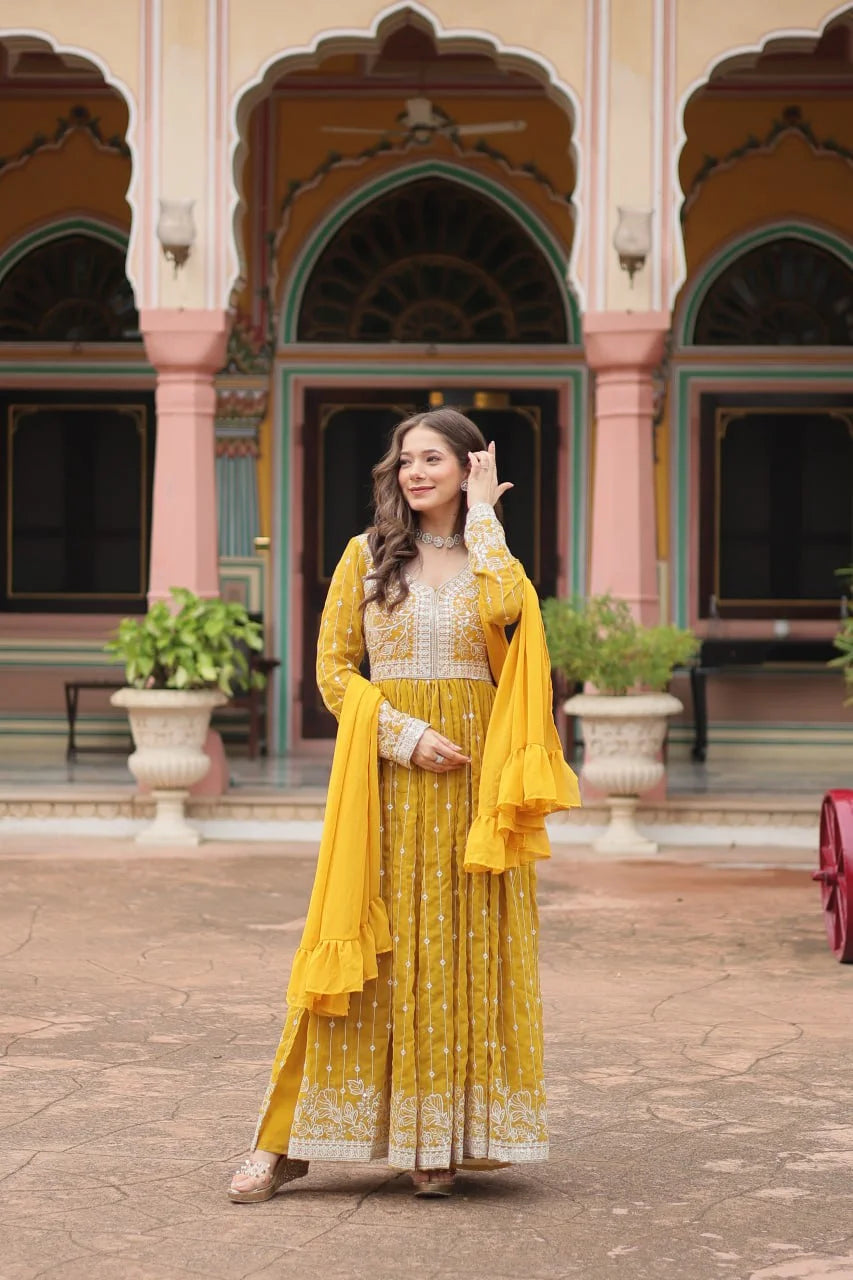 Luxury Faux Georgette Kurti Plazzo Suit with Rich Embroidery
