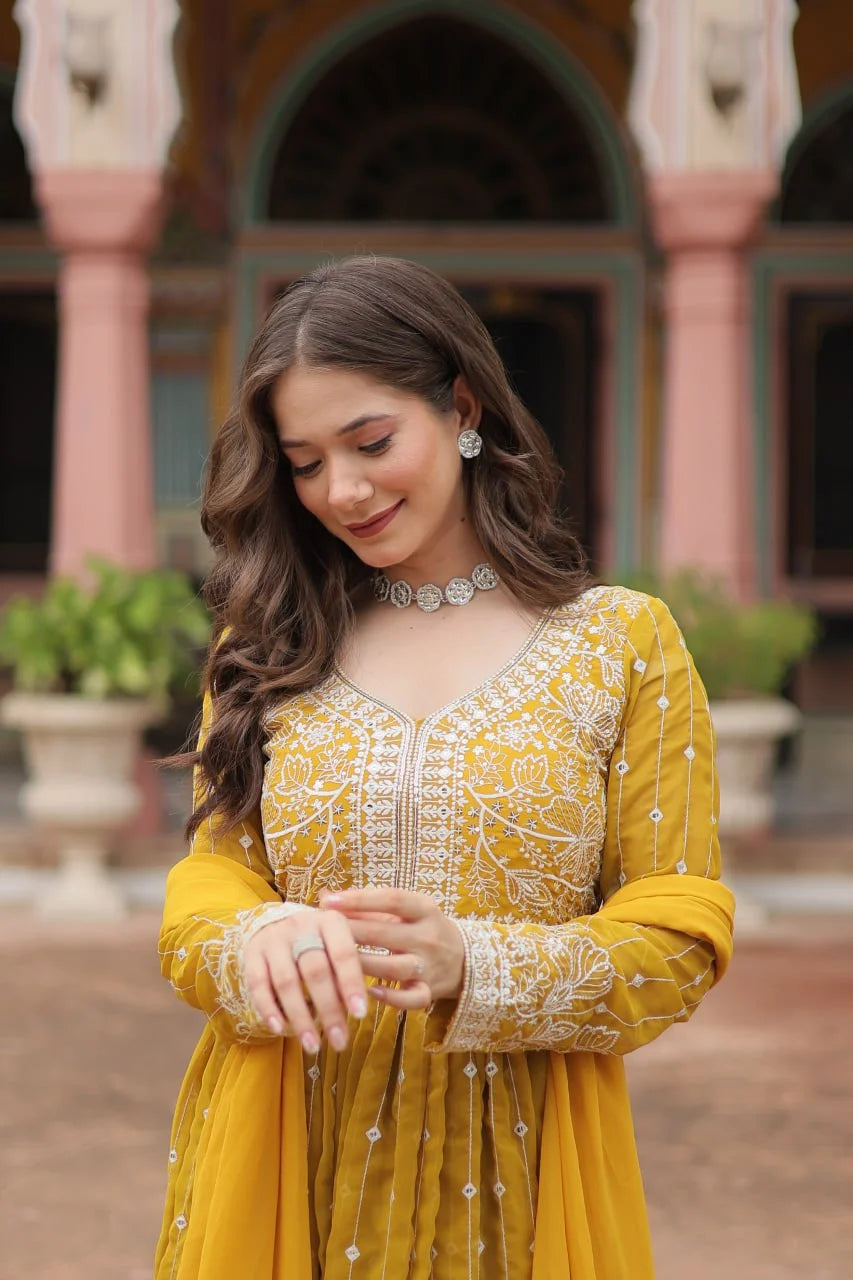 Luxury Faux Georgette Kurti Plazzo Suit with Rich Embroidery