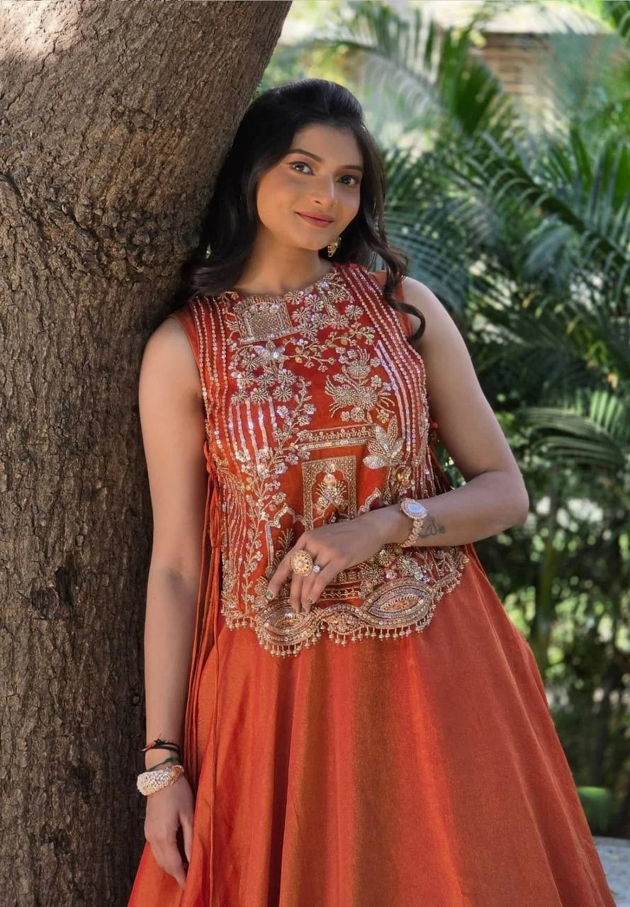 Traditional Vichitra Silk Lehenga Choli with Sequence & Thread Embroidery