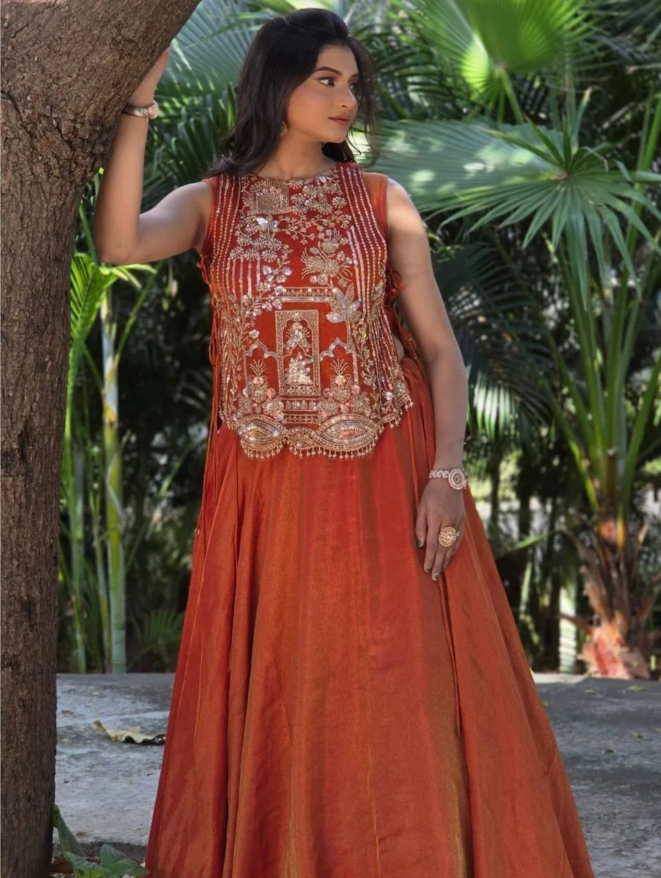Traditional Vichitra Silk Lehenga Choli with Sequence & Thread Embroidery