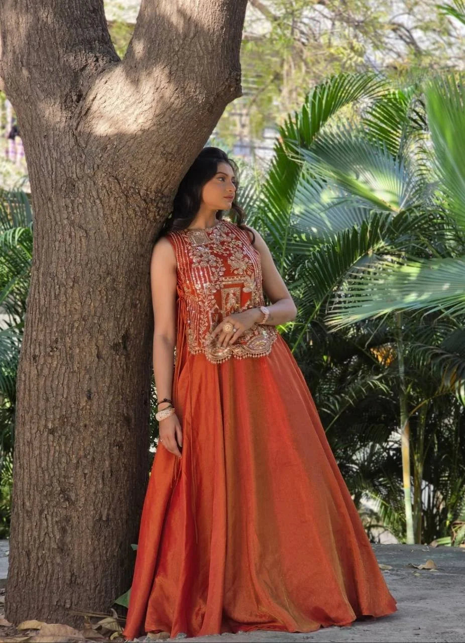 Traditional Vichitra Silk Lehenga Choli with Sequence & Thread Embroidery