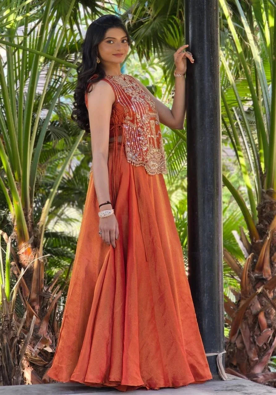 Traditional Vichitra Silk Lehenga Choli with Sequence & Thread Embroidery