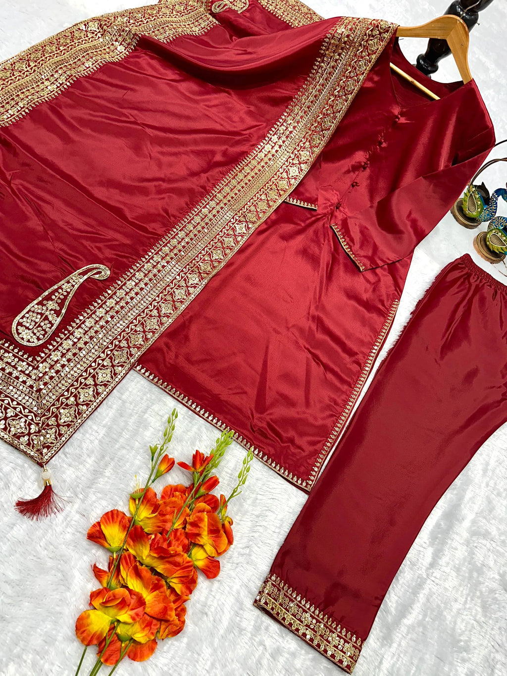 Natural Crepe Silk Embroidered Kurta Pant Set with Dupatta