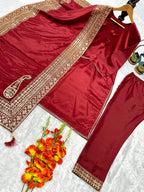 Natural Crepe Silk Embroidered Kurta Pant Set with Dupatta