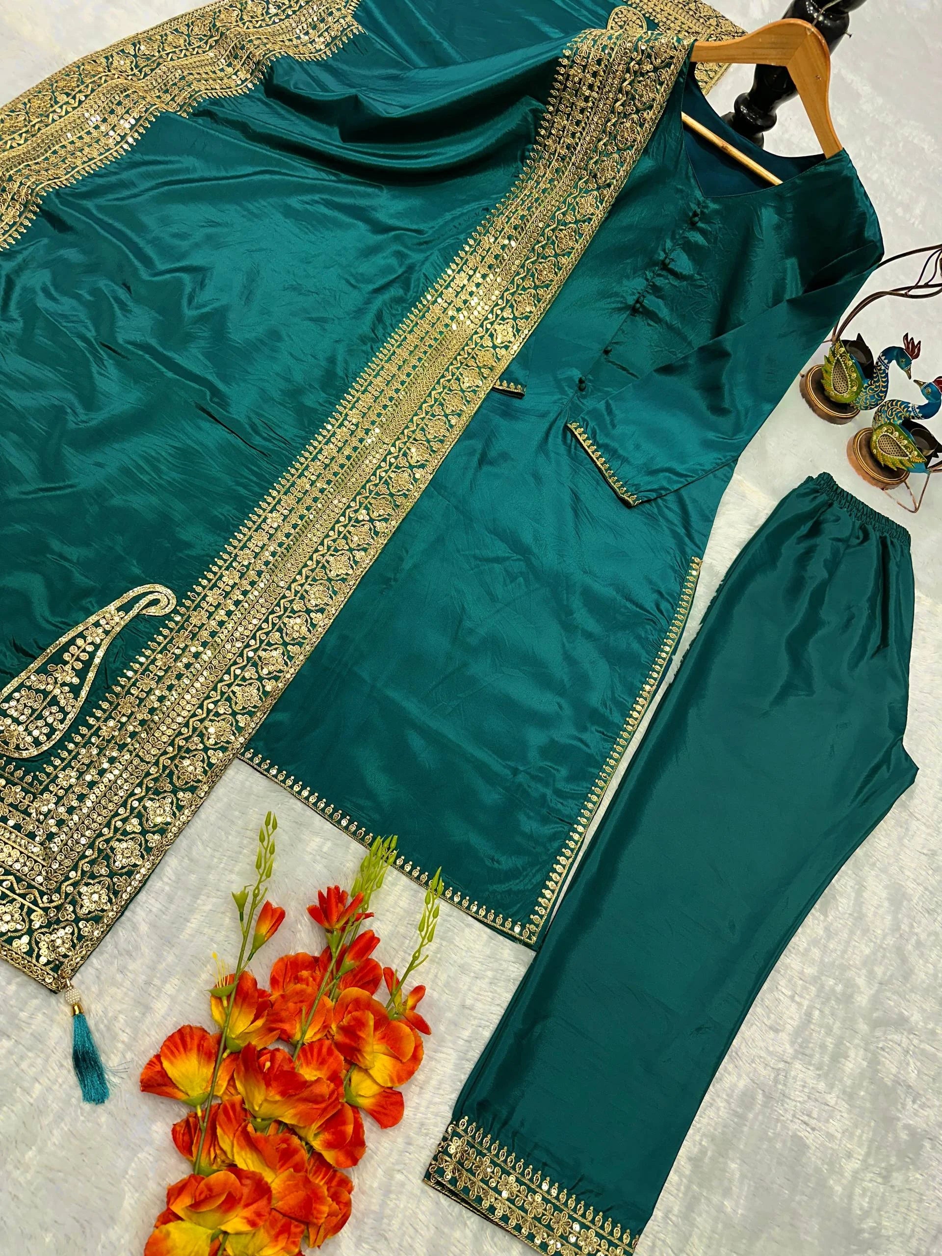 Luxury Crepe Silk Suit Set with Moti & Heavy Embroidery Work