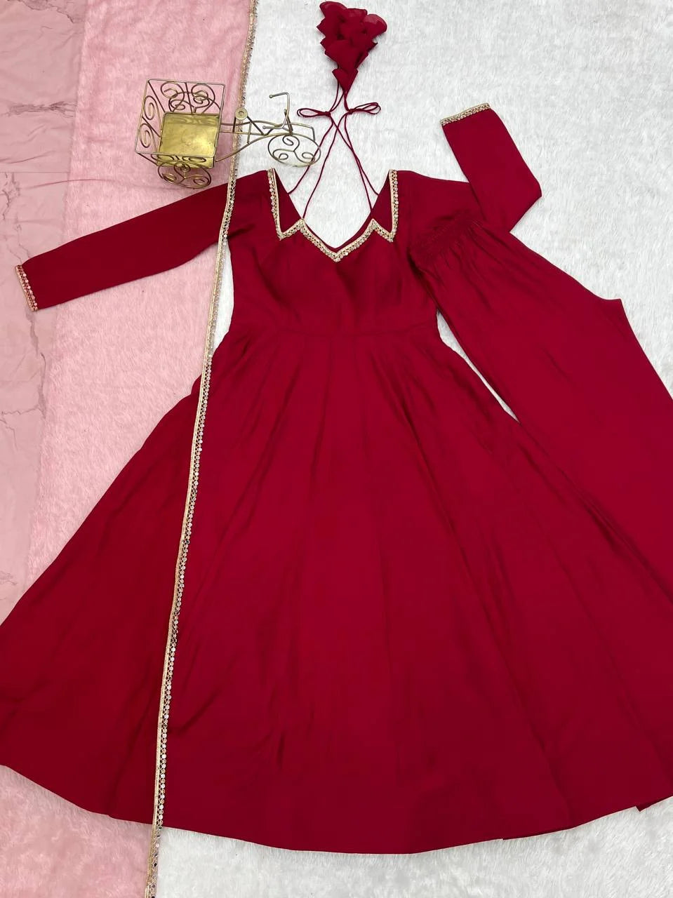 Chanderi Anarkali with Pant & Nylon Net Dupatta