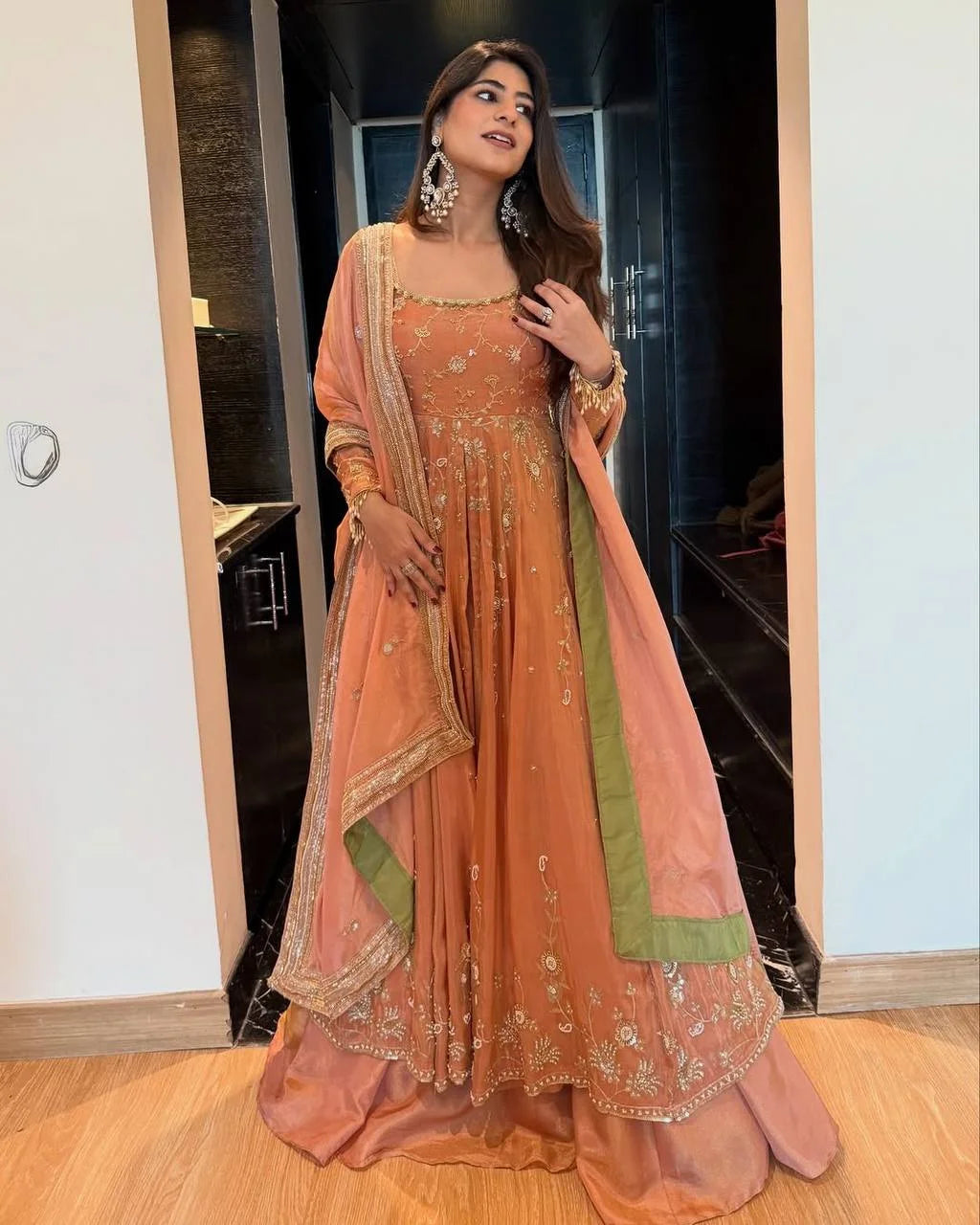 Premium Chinon Silk Gown Lehenga Ensemble with Fancy Lace Work