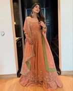 Premium Chinon Silk Gown Lehenga Ensemble with Fancy Lace Work