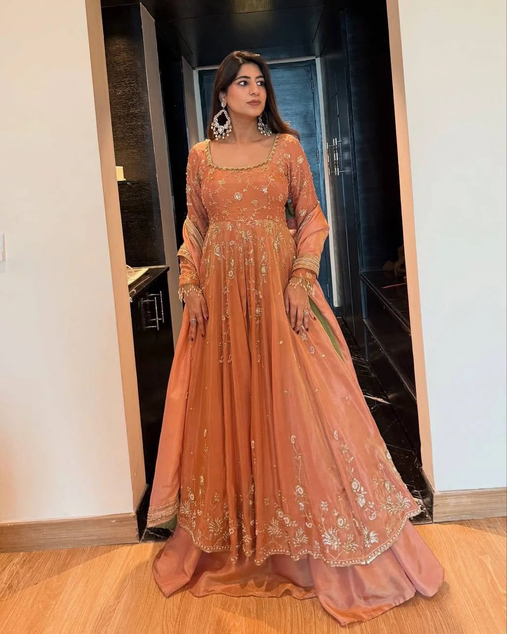 Premium Chinon Silk Gown Lehenga Ensemble with Fancy Lace Work