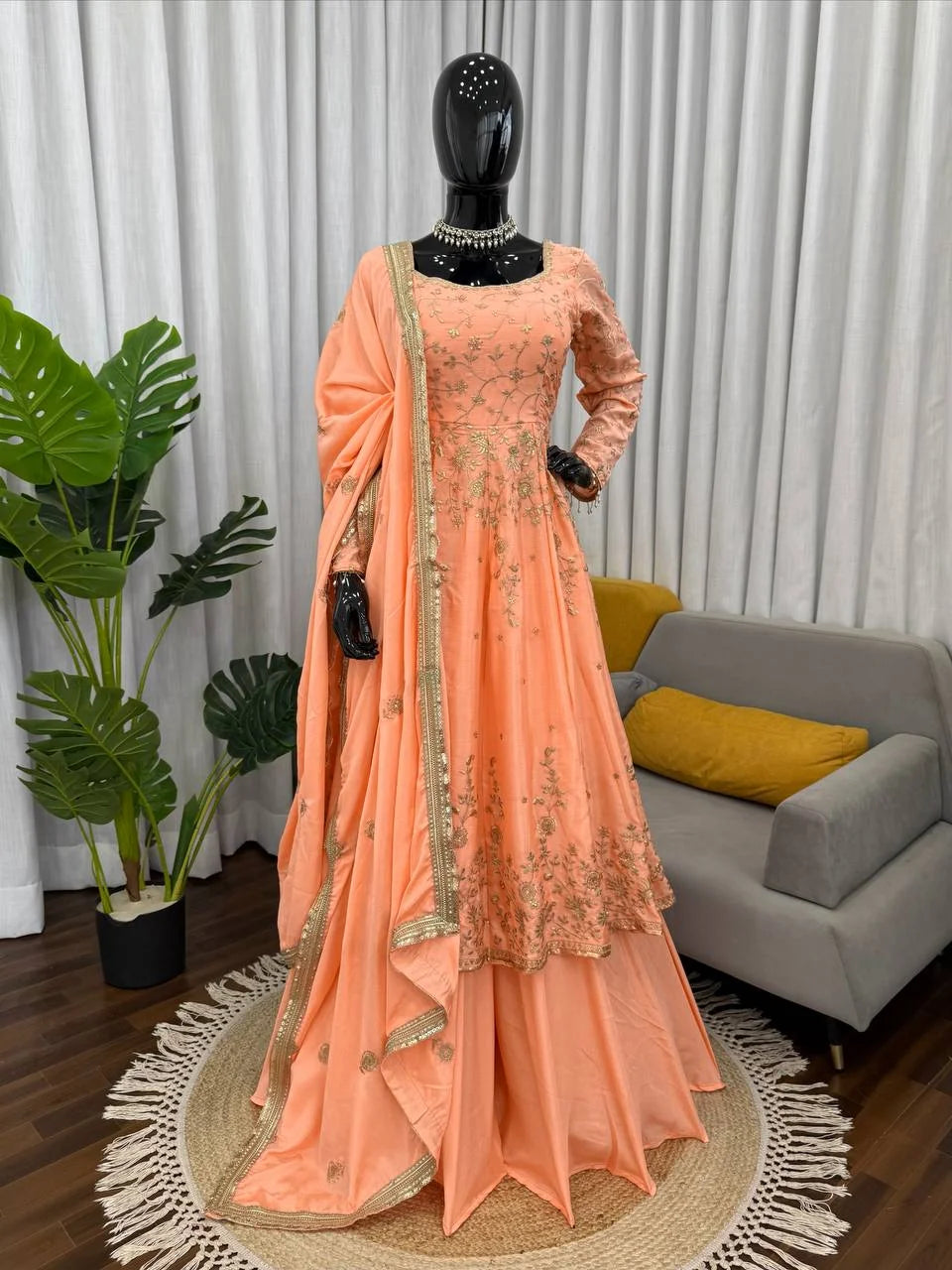 Premium Chinon Silk Gown Lehenga Ensemble with Fancy Lace Work