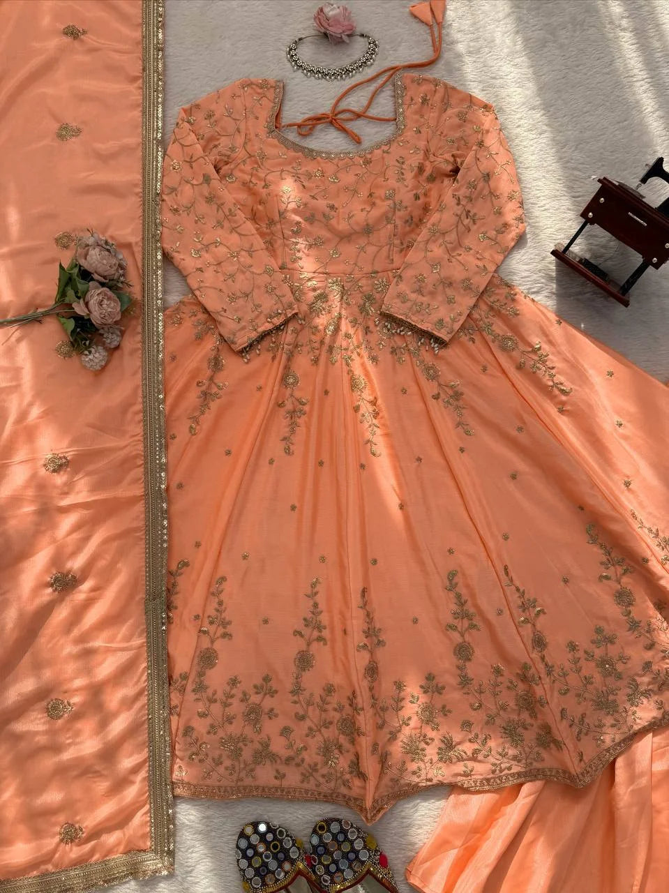 Premium Chinon Silk Gown Lehenga Ensemble with Fancy Lace Work