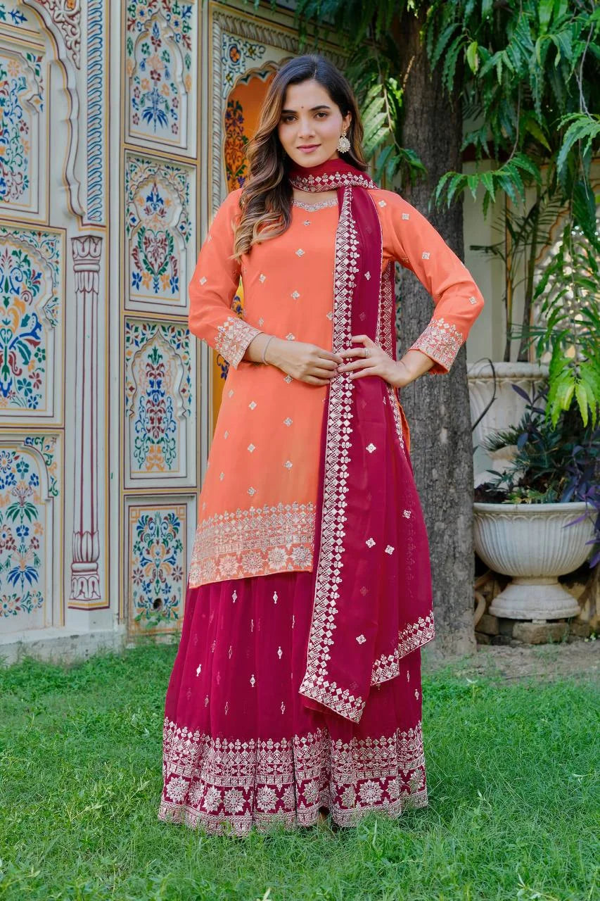 Designer Eid Wear Faux Georgette Top Plazo Dupatta Set