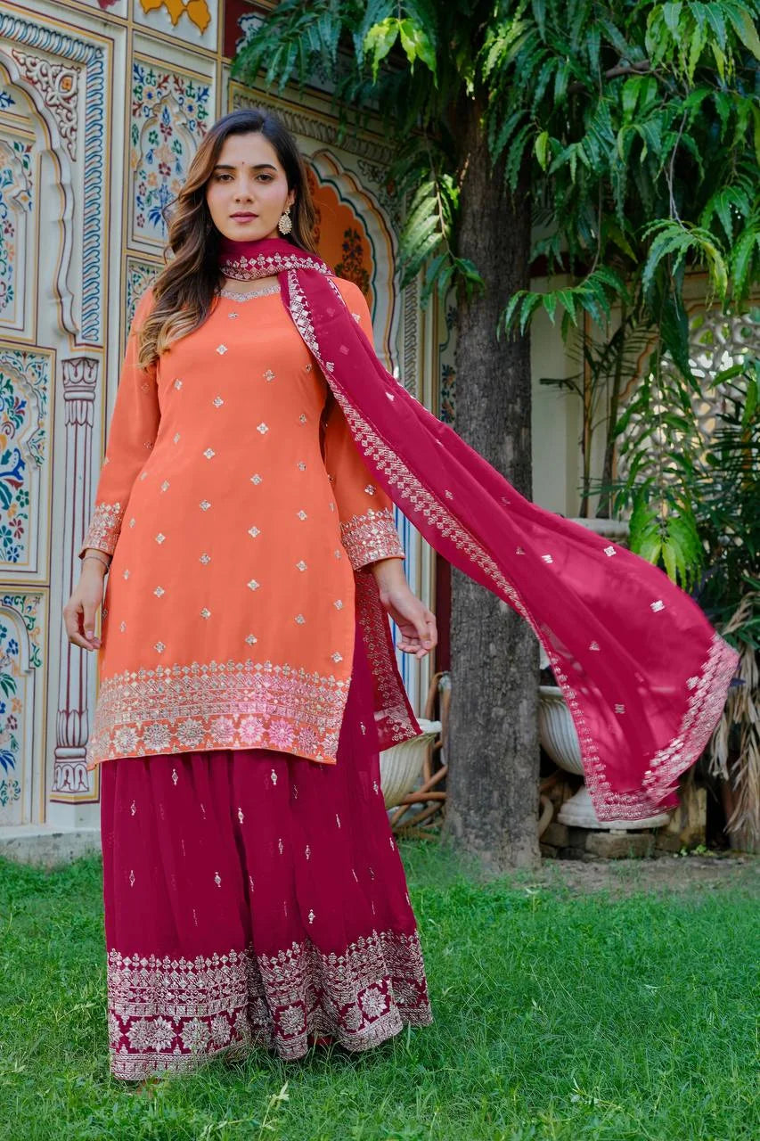 Designer Eid Wear Faux Georgette Top Plazo Dupatta Set