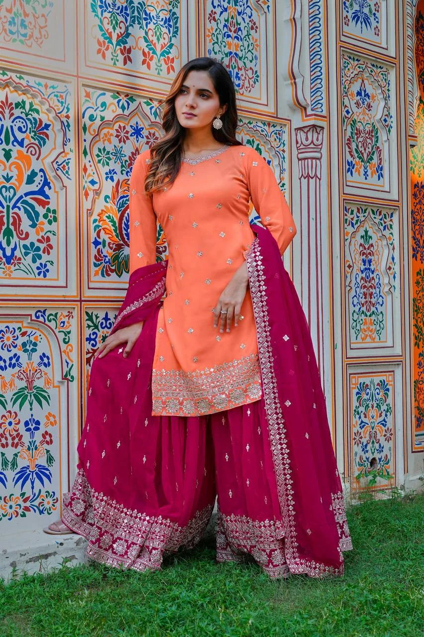 Designer Eid Wear Faux Georgette Top Plazo Dupatta Set