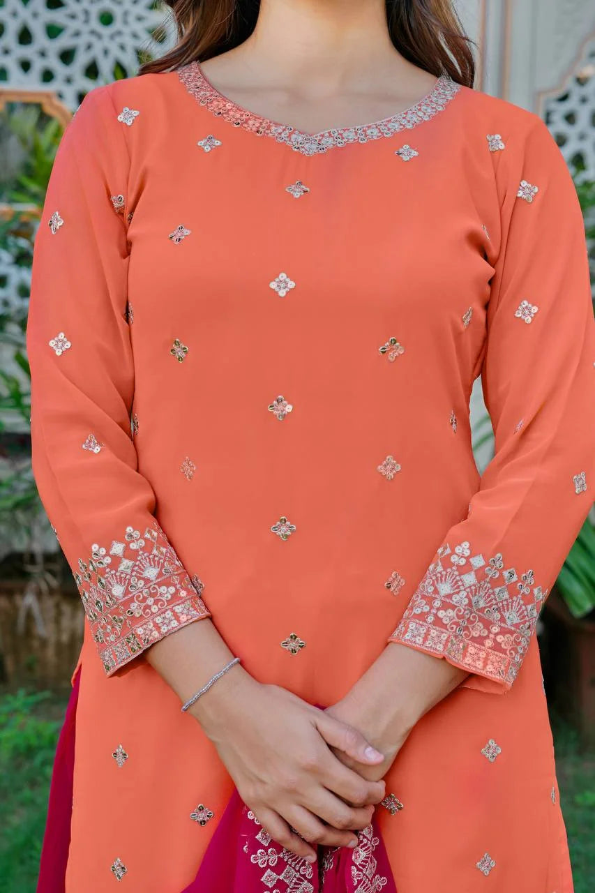 Designer Eid Wear Faux Georgette Top Plazo Dupatta Set