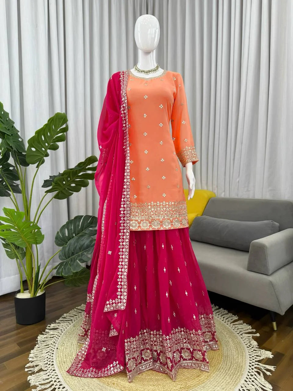 Designer Eid Wear Faux Georgette Top Plazo Dupatta Set