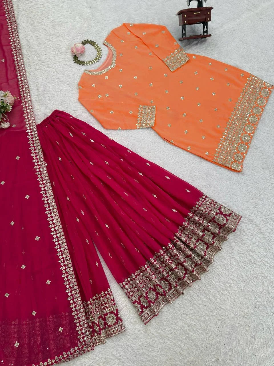 Designer Eid Wear Faux Georgette Top Plazo Dupatta Set