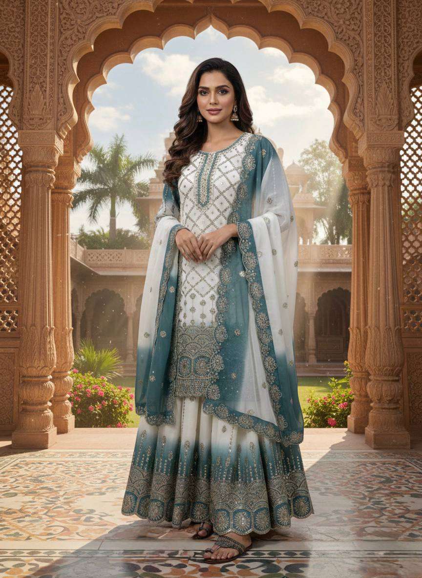 Festive Wear Heavy Embroidered Star Georgette Top Plazzo Set