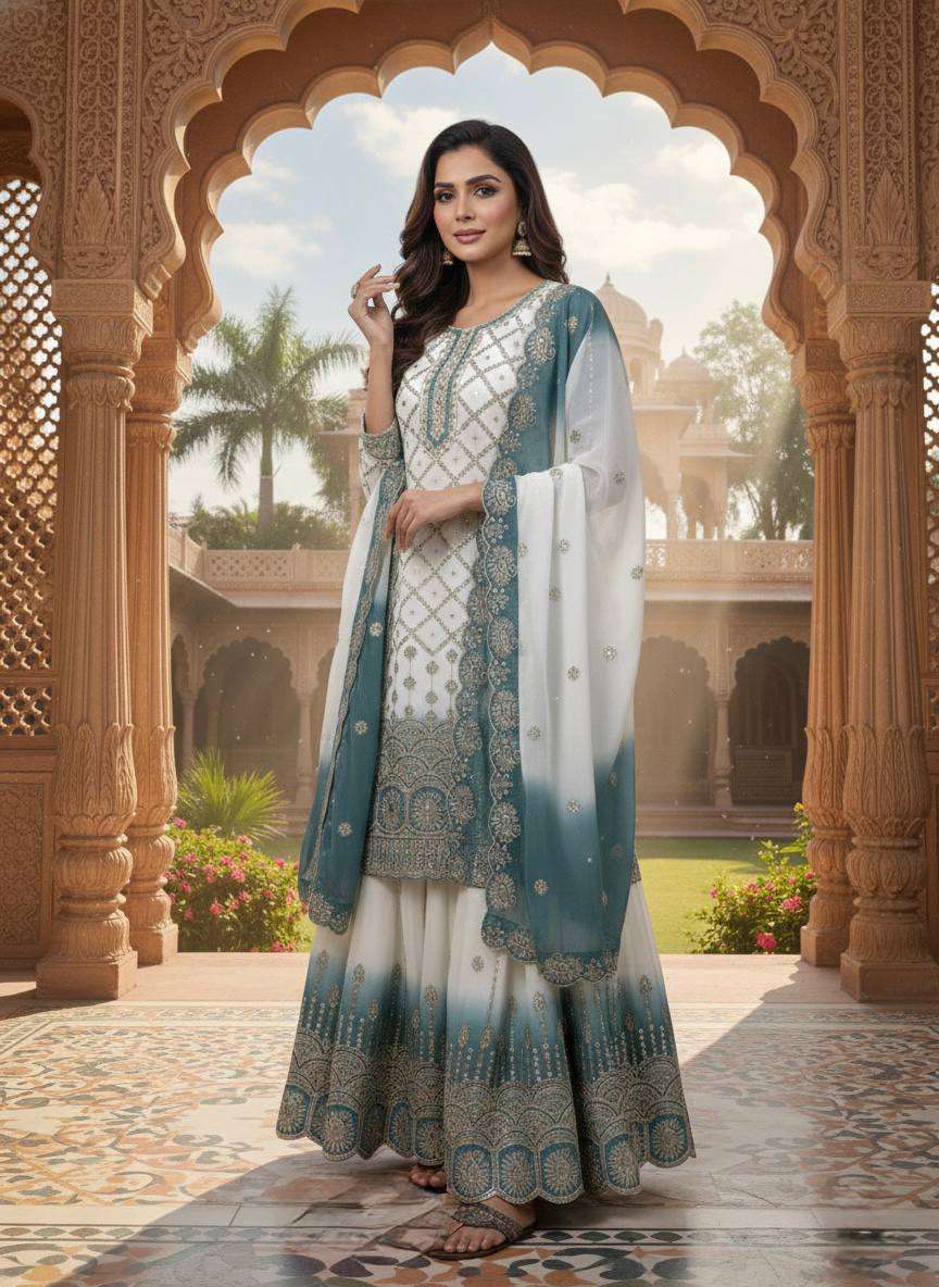 Festive Wear Heavy Embroidered Star Georgette Top Plazzo Set