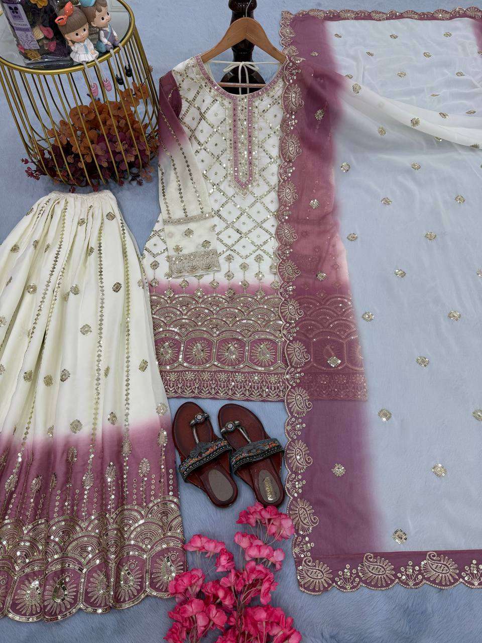 Flowy Sequence Work Georgette Top Plazzo with Dupatta