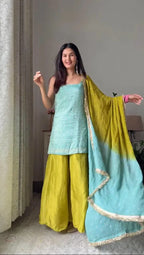 Pastel Glam: Designer Chinon Silk Embroidered Kurti Set - Perfect for Eid