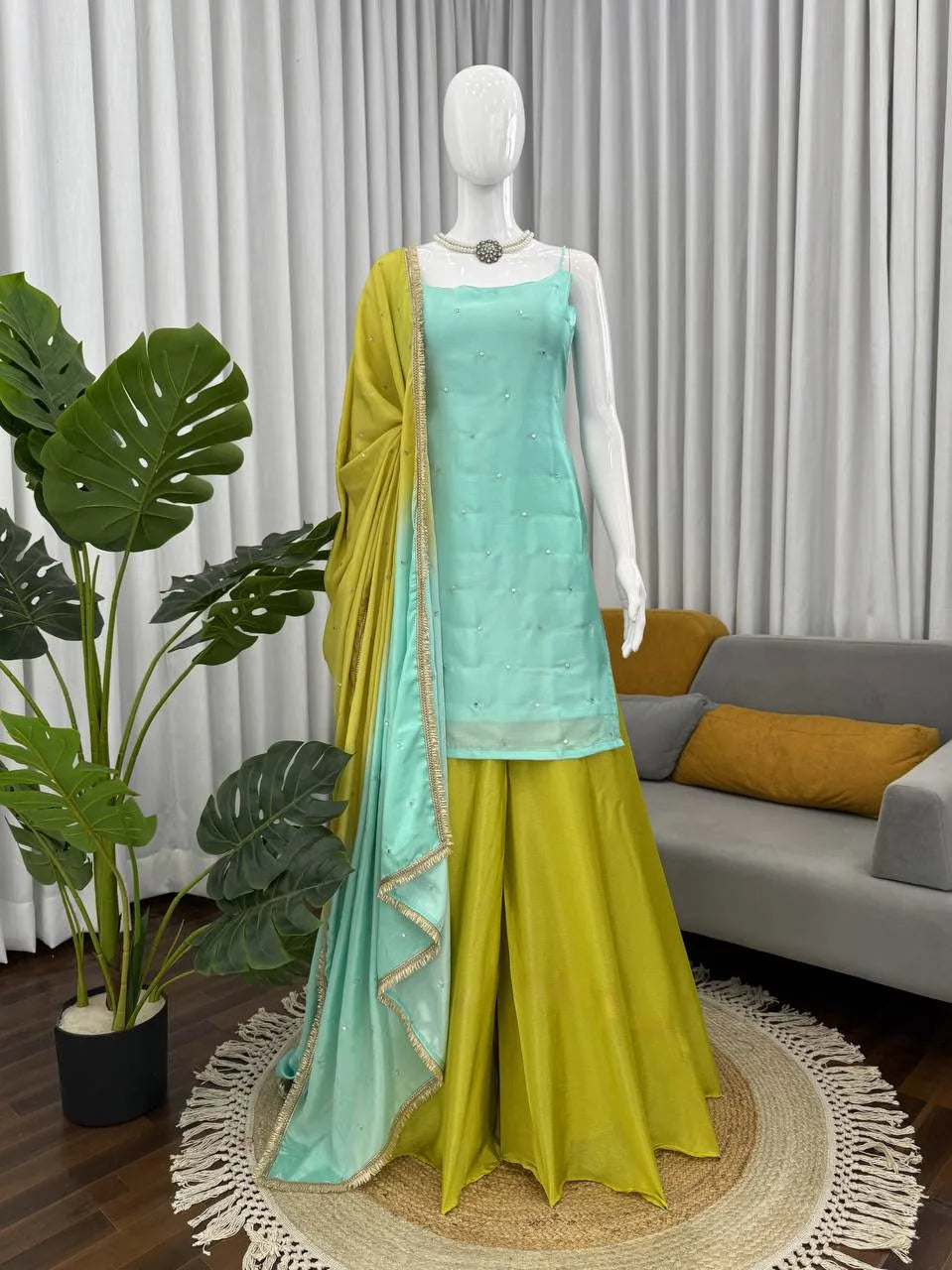 Pastel Glam: Designer Chinon Silk Embroidered Kurti Set - Perfect for Eid