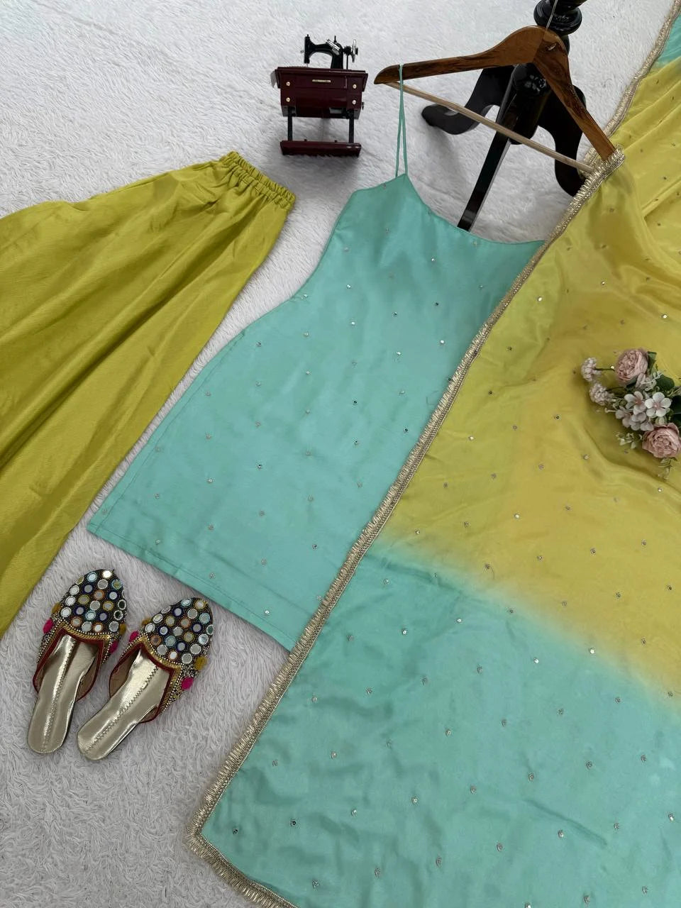 Pastel Glam: Designer Chinon Silk Embroidered Kurti Set - Perfect for Eid