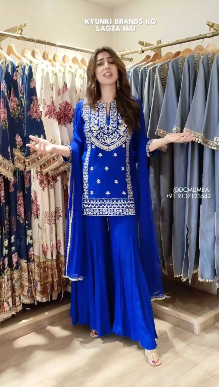 Eid Wear Faux Georgette Top Sharara Set with Fancy Lace Dupatta