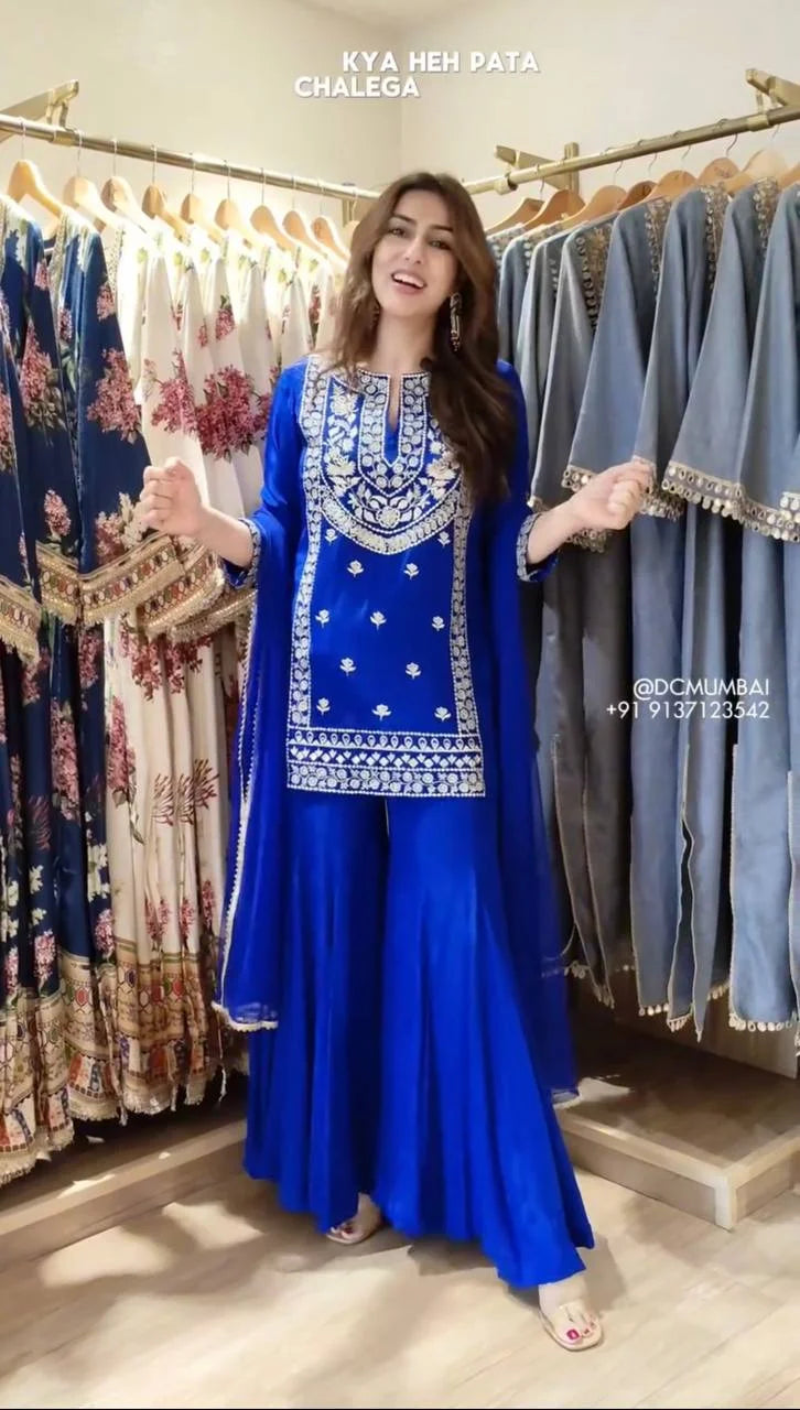 Eid Wear Faux Georgette Top Sharara Set with Fancy Lace Dupatta