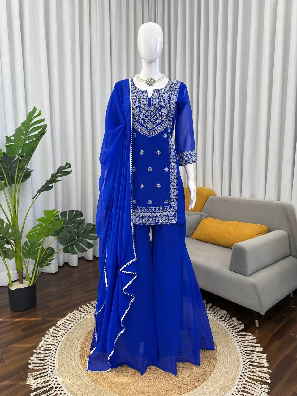 Eid Wear Faux Georgette Top Sharara Set with Fancy Lace Dupatta