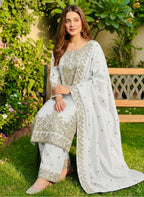 Eid Celebration Wear White GMY Silk Embroidered Top Plazzo Set